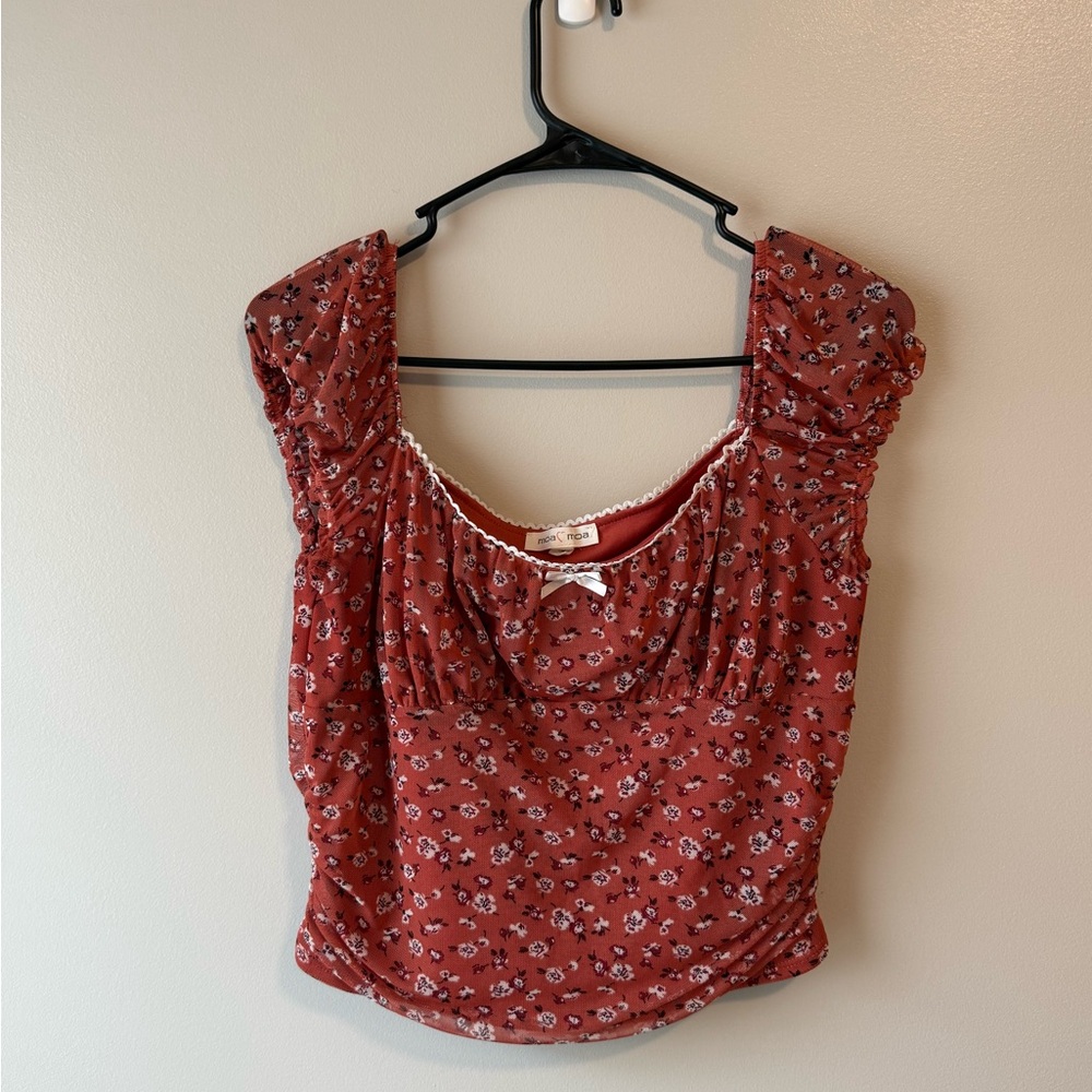 Moa Moa Terracotta Floral Blouse with White Lace